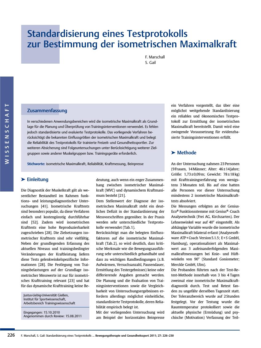 Vorschauseite 1: Standardisierung eines Testprotokolls zur Bestimmung der isometrischen Maximalkraft
