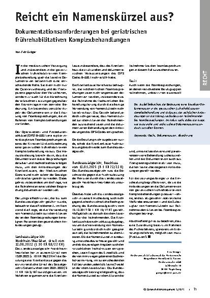 Vorschauseite 1: Reicht ein Namenskürzel aus? Dokumentationsanforderungen bei geriatrischen frührehabilitativen Komplexbehandlungen