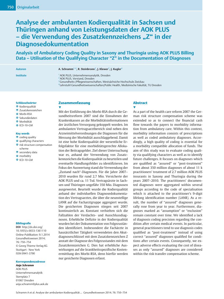 Vorschauseite 1: Analyse der ambulanten Kodierqualität in Sachsen und Thüringen anhand von Leistungsdaten der AOK PLUS? die Verwendung des Zusatzkennzeichens? Z? in der Diagnosedokumentation