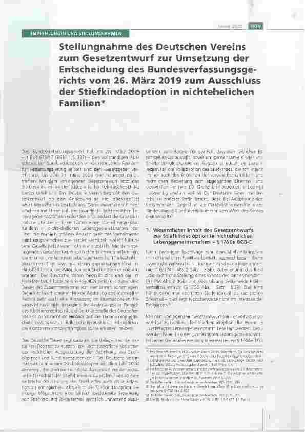 Vorschauseite 1: Stellungnahme des Deutschen Vereins zum Gesetzentwurf zur Umsetzung der Entscheidung des Bundesverfassungsgerichts vom 26. März 2019 zum Ausschluss der Stiefkindadoption in nichte…