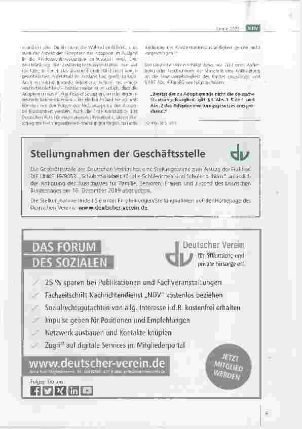 Vorschauseite 3: Stellungnahme des Deutschen Vereins zum Gesetzentwurf zur Umsetzung der Entscheidung des Bundesverfassungsgerichts vom 26. März 2019 zum Ausschluss der Stiefkindadoption in nichte…