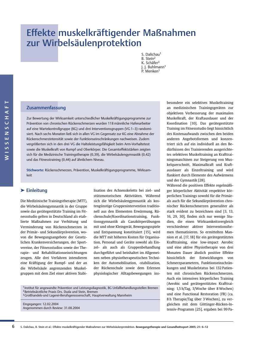 Vorschauseite 1: Effekte muskelkräftigender Maßnahmen zur Wirbelsäulenprotektion