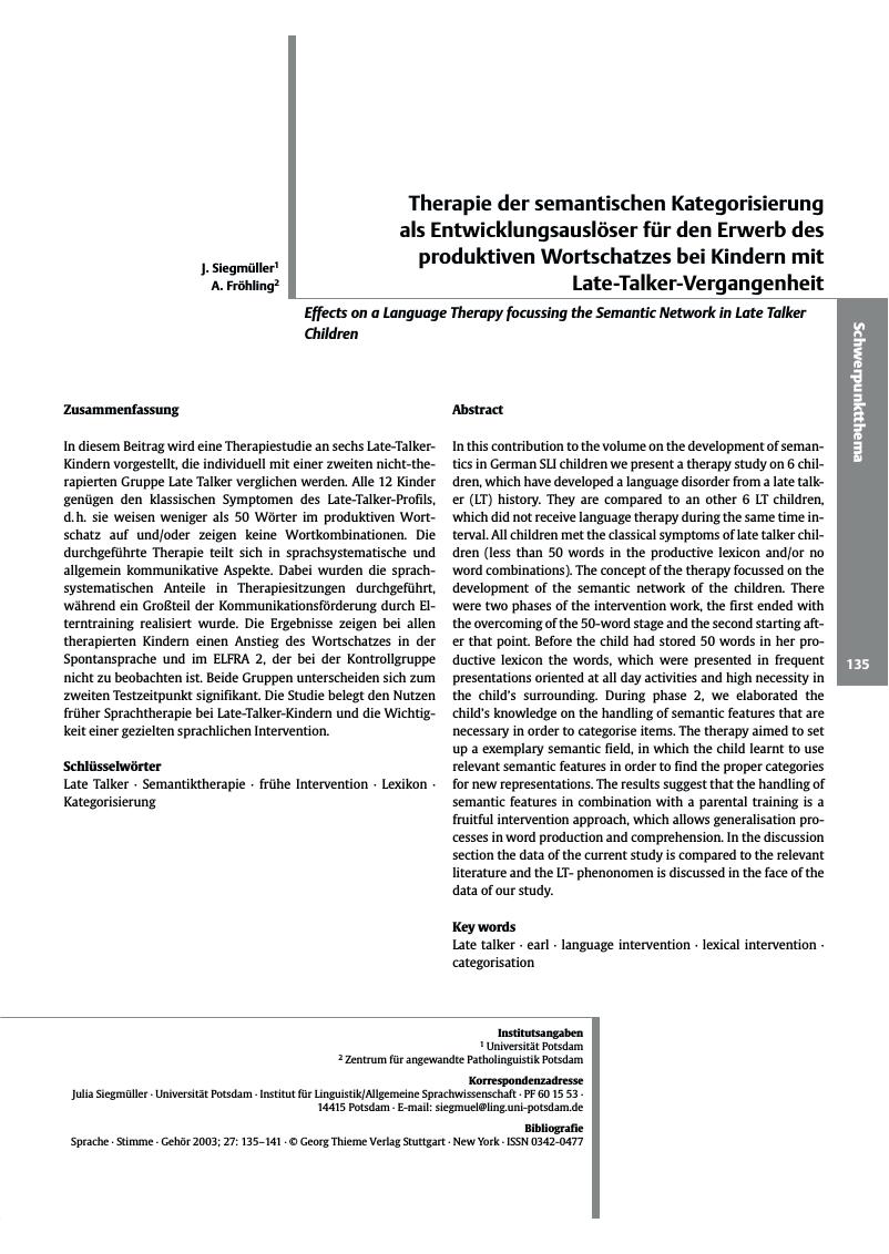Vorschauseite 1: Therapie der semantischen Kategorisierung als Entwicklungsauslöser für den Erwerb des produktiven Wortschatzes bei Kindern mit Late-Talker-Vergangenheit