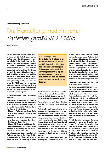 Vorschauseite 1: Die Herstellung medizinischer Batterien gemäß ISO 13485