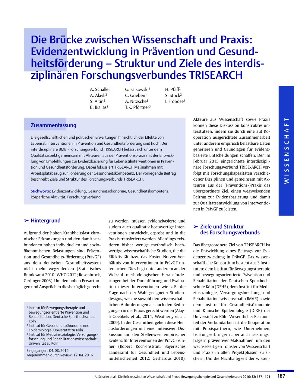 Vorschauseite 1: Die Brücke zwischen Wissenschaft und Praxis: Evidenzentwicklung in Prävention und Gesundheitsförderung – Struktur und Ziele des interdisziplinären Forschungsverbundes TRISEARCH