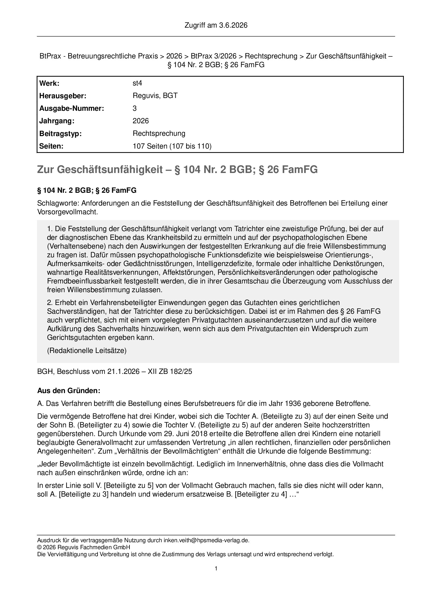 Vorschauseite 1: Zur Geschäftsunfähigkeit – § 104 Nr. 2 BGB; § 26 FamFG