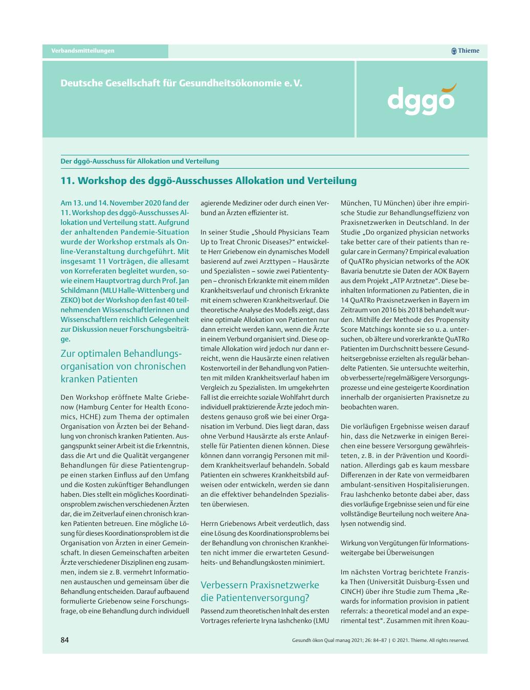 Vorschauseite 1: Der dggö-Ausschuss für Allokation und Verteilung – 11. Workshop des dggö-Ausschusses Allokation und Verteilung