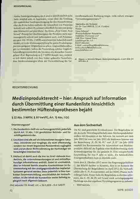 Vorschauseite 1: Medizinprodukterecht - hier: Anspruch auf Information durch Übermittlung einer Kundenliste hinsichtlich bestimmter Hüftendoprothesen bejaht