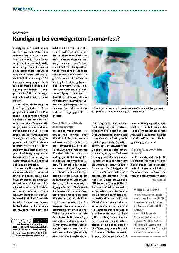 Vorschauseite 1: Kündigung bei verweigertem Corona-Test?