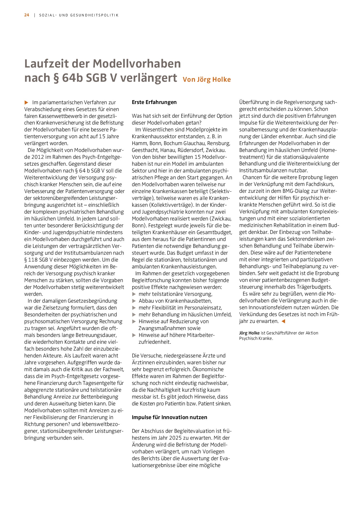 Vorschauseite 1: Laufzeit der Modellvorhaben nach § 64b SGB V verlängert