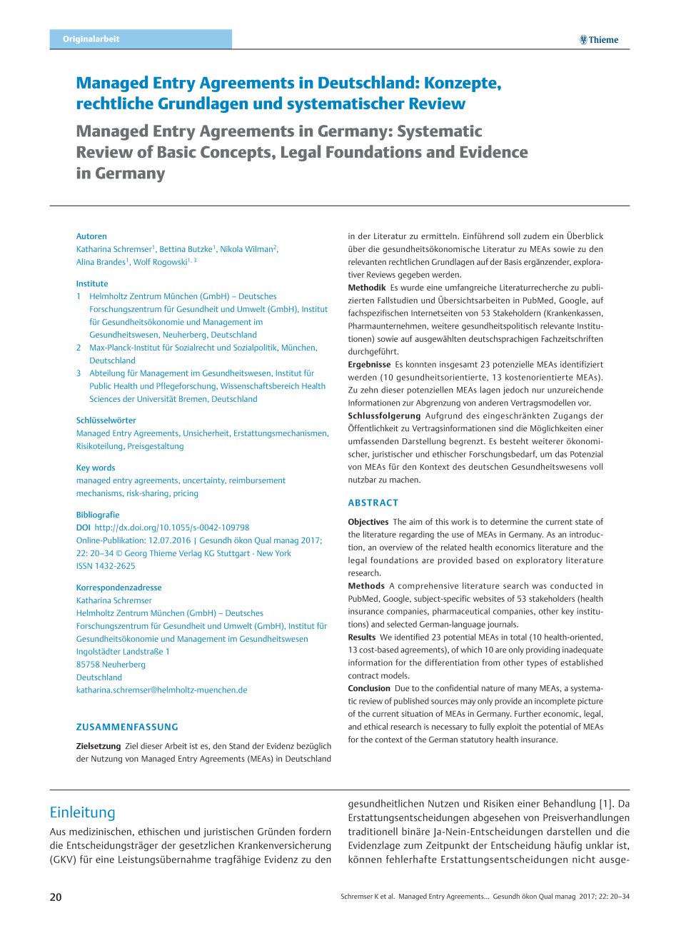 Vorschauseite 1: Managed Entry Agreements in Deutschland: Konzepte, rechtliche Grundlagen und systematischer Review