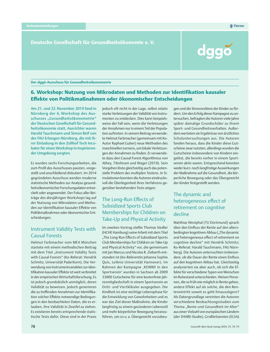 Vorschauseite 1: Der dggö-Ausschuss für Gesundheitsökonometrie – 6. Workshop: Nutzung von Mikrodaten und Methoden zur Identifikation kausaler Effekte von Politikmaßnahmen oder ökonomischer Entsche…