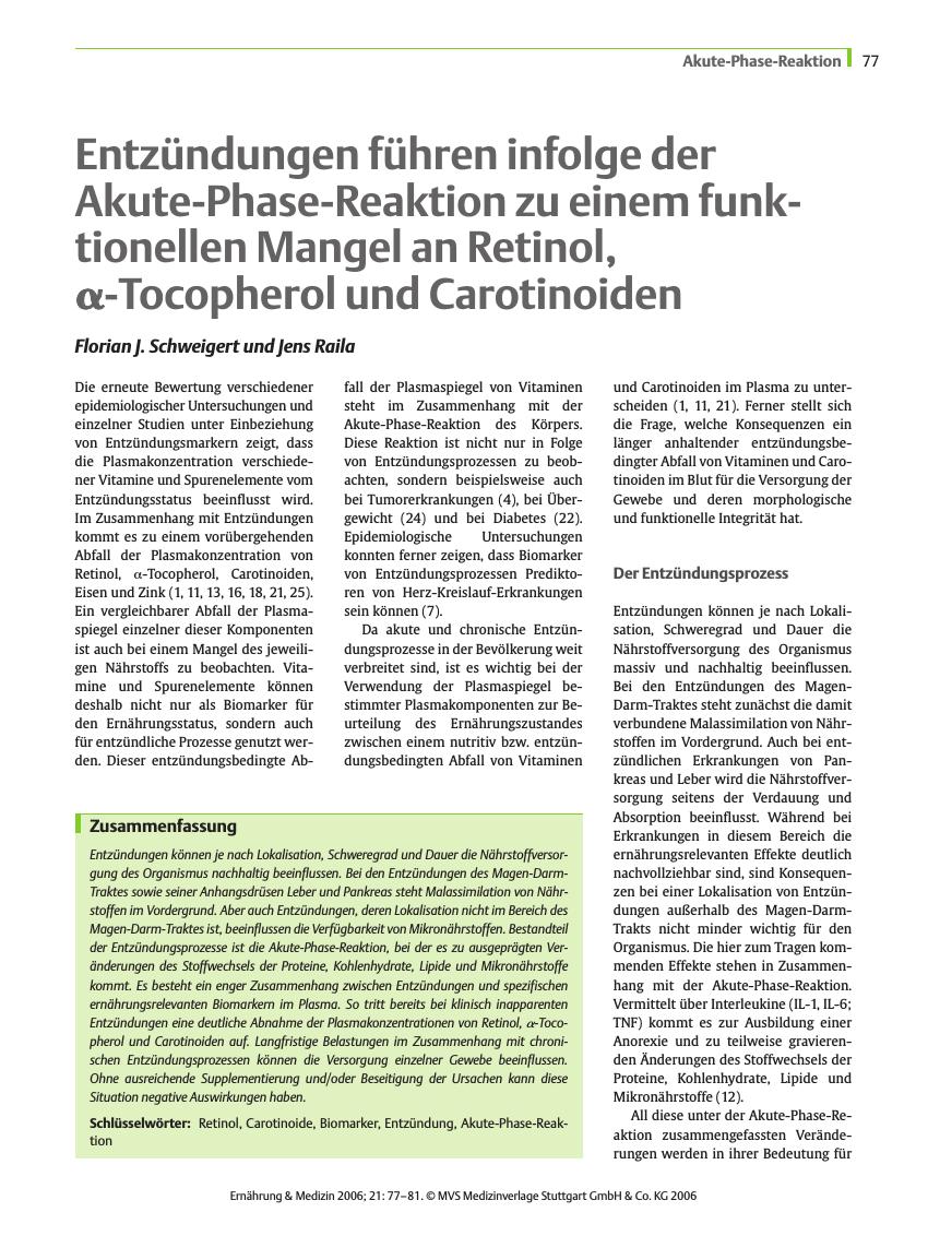 Vorschauseite 1: Entzündungen führen infolge der Akute-Phase-Reaktion zu einem funktionellen Mangel an Retinol, α-Tocopherol und Carotinoiden