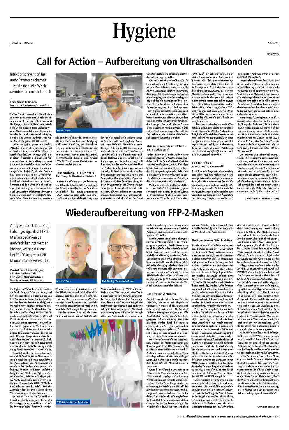 Vorschauseite 1: Hygiene Call for Action – Aufbereitung von Ultraschallsonden Wiederaufbereitung von FFP-2-Masken (Note: "Wiederaufbereitung" should be written as "Wiederaufbereitung" in the origi…