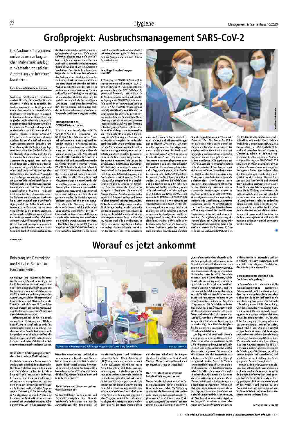Vorschauseite 2: Hygiene Call for Action – Aufbereitung von Ultraschallsonden Wiederaufbereitung von FFP-2-Masken (Note: "Wiederaufbereitung" should be written as "Wiederaufbereitung" in the origi…