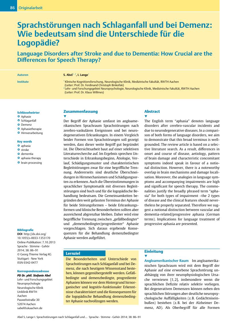 Vorschauseite 1: Sprachstörungen nach Schlaganfall und bei Demenz: Wie bedeutsam sind die Unterschiede für die Logopädie?