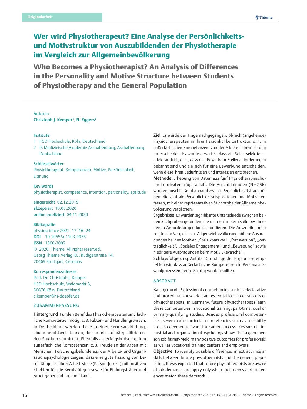 Vorschauseite 1: Wer wird Physiotherapeut? Eine Analyse der Persönlichkeitsund Motivstruktur von Auszubildenden der Physiotherapie im Vergleich zur Allgemeinbevölkerung