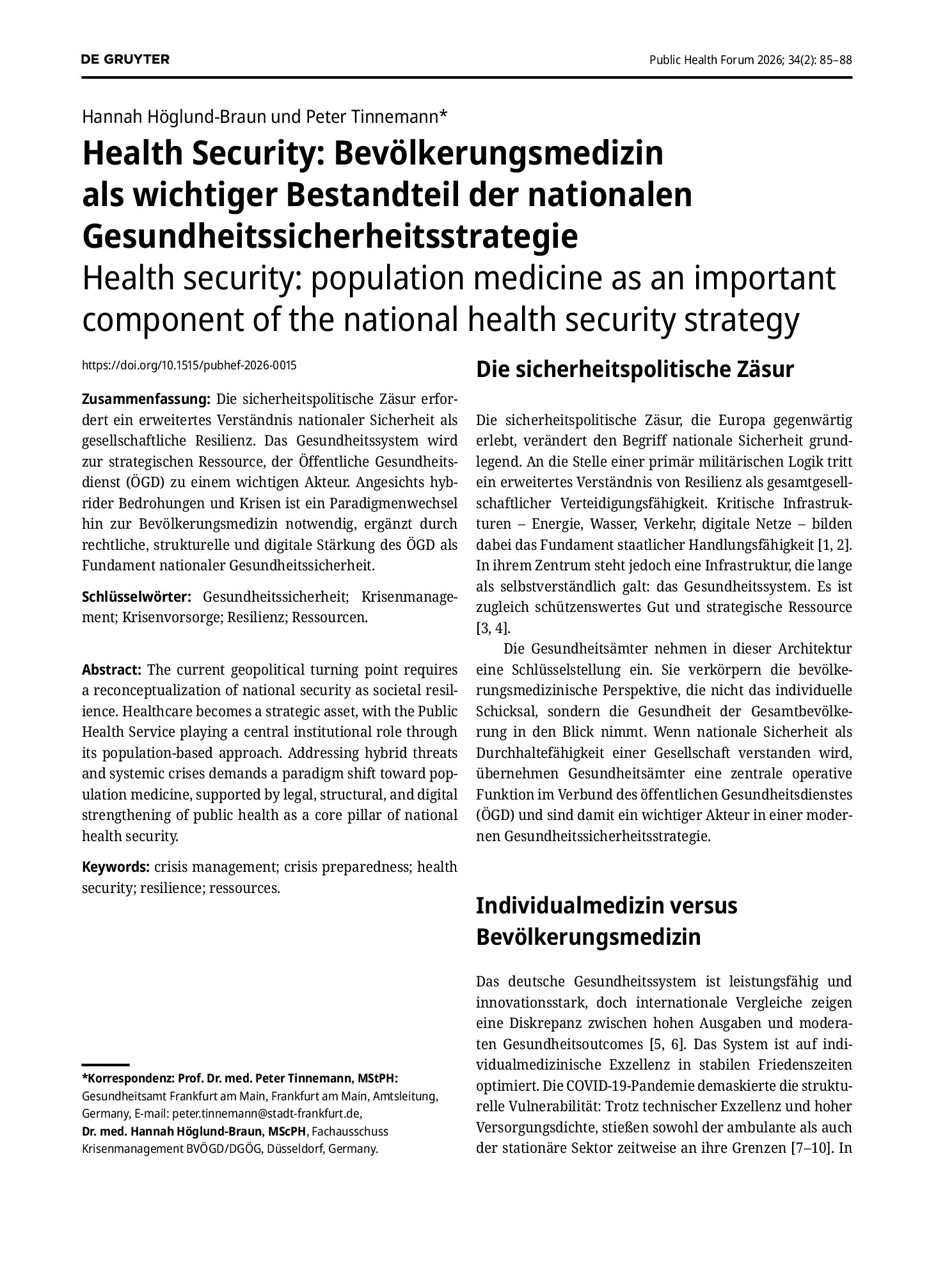Vorschauseite 1: Health Security: Bevölkerungsmedizin als wichtiger Bestandteil der nationalen Gesundheitssicherheitsstrategie