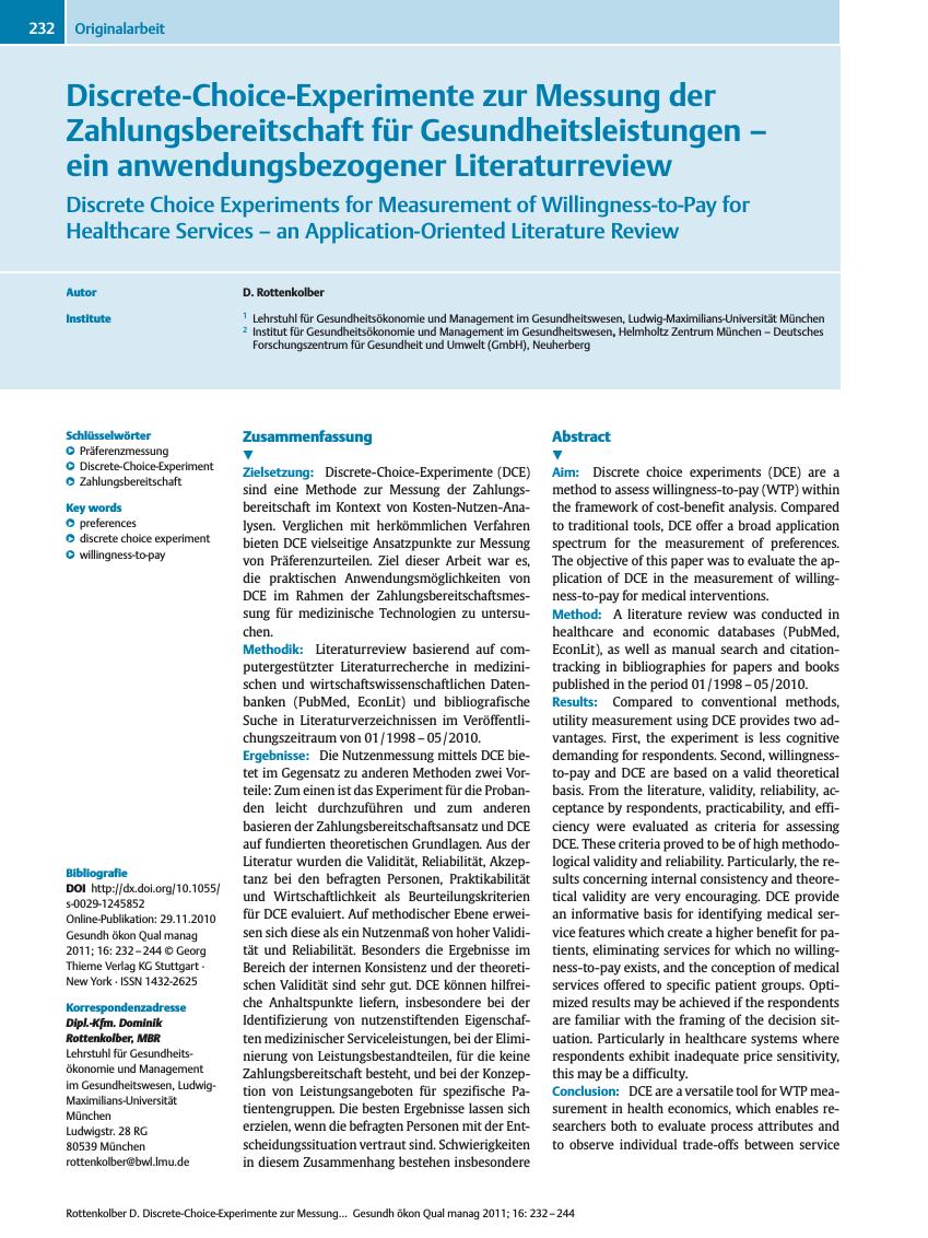 Vorschauseite 1: Discrete-Choice-Experimente zur Messung der Zahlungsbereitschaft für Gesundheitsleistungen – ein anwendungsbezogener Literaturreview