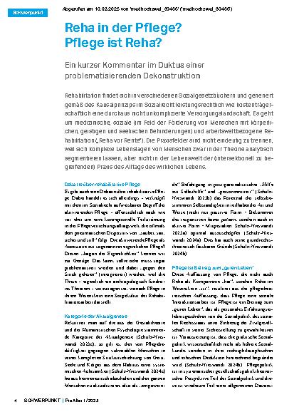Vorschauseite 1: Reha in der Pflege? Pflege ist Reha? Ein kurzer Kommentar im Duktus einer problematisierenden Dekonstruktion