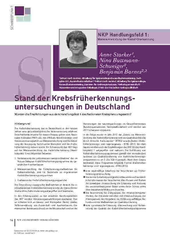 Vorschauseite 1: Stand der Krebsfrüherkennungsuntersuchungen in Deutschland. Wurden die Empfehlungen aus dem Handlungsfeld 1 des Nationalen Krebsplans umgesetzt?