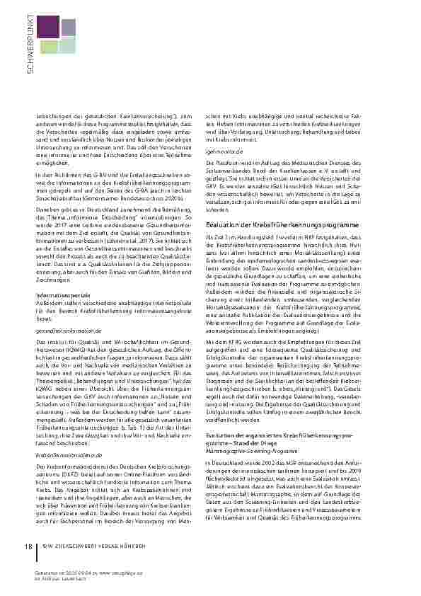 Vorschauseite 5: Stand der Krebsfrüherkennungsuntersuchungen in Deutschland. Wurden die Empfehlungen aus dem Handlungsfeld 1 des Nationalen Krebsplans umgesetzt?
