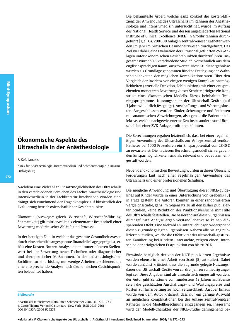 Vorschauseite 1: Ökonomische Aspekte des Ultraschalls in der Anästhesiologie