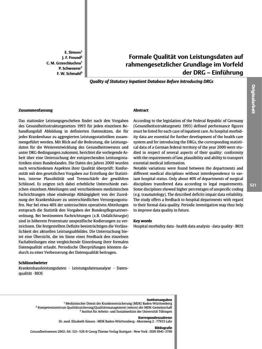 Vorschauseite 1: Formale Qualität von Leistungsdaten auf rahmengesetzlicher Grundlage im Vorfeld der DRG - Einführung