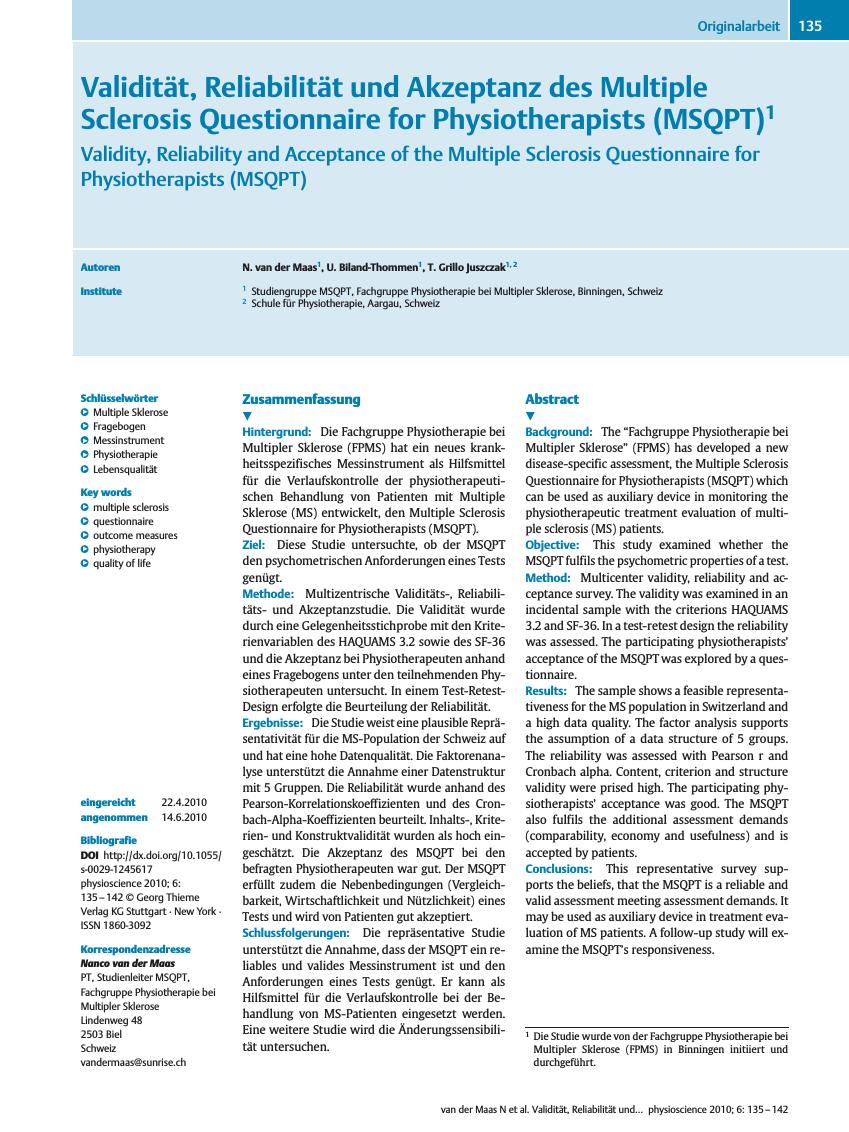 Vorschauseite 1: Validität, Reliabilität und Akzeptanz des Multiple Sclerosis Questionnaire for Physiotherapists (MSQPT)