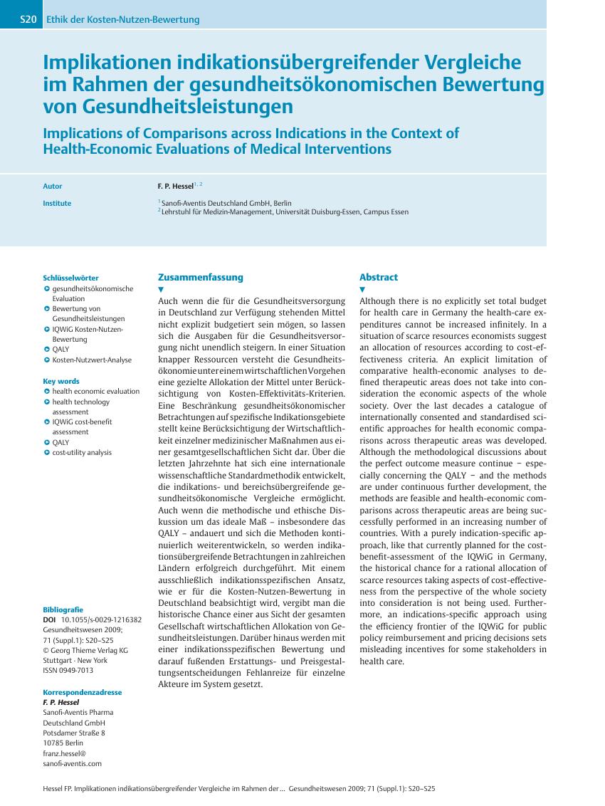 Vorschauseite 1: Implikationen indikationsübergreifender Vergleiche im Rahmen der gesundheitsökonomischen Bewertung von Gesundheitsleistungen