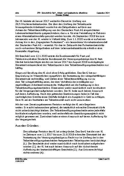 Vorschauseite 2: IV. Beamtenrecht Ruhegehaltfähige Dienstzeit bei Teilzeitbeschäftigung – Lebensarbeitszeitkonten