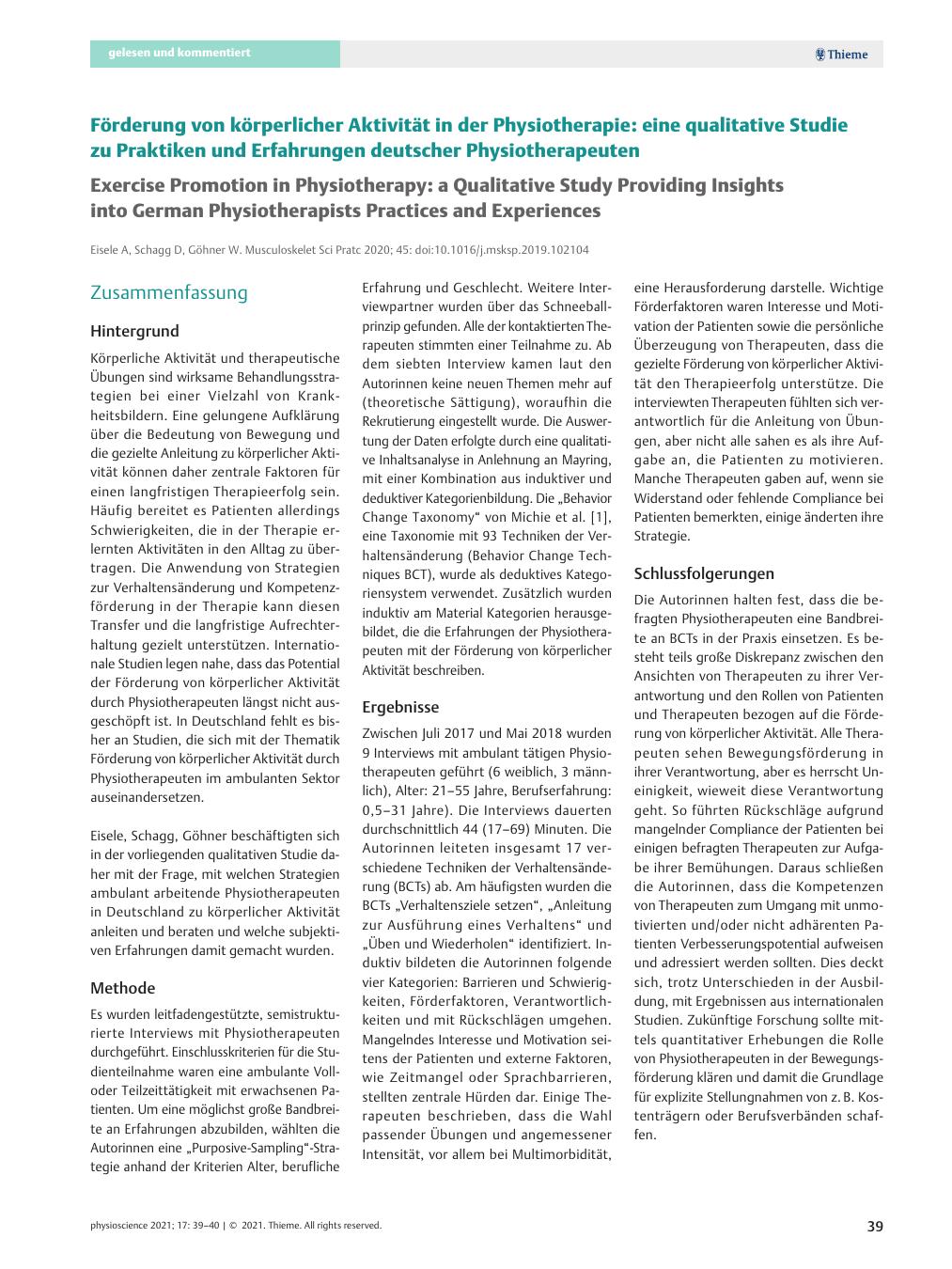 Vorschauseite 1: Förderung von körperlicher Aktivität in der Physiotherapie: eine qualitative Studie zu Praktiken und Erfahrungen deutscher Physiotherapeuten