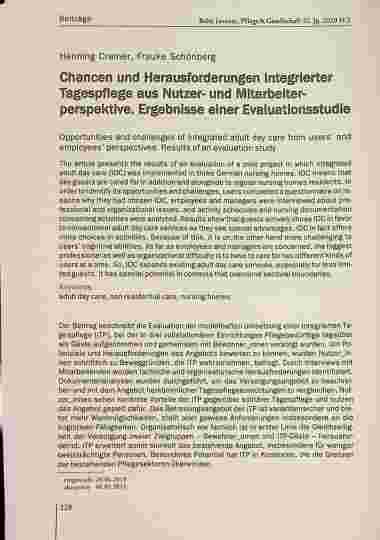Vorschauseite 1: Chancen und Herausforderungen integrierter Tagespflege aus Nutzerund Mitarbeiterperspektive. Ergebnisse einer Evaluationsstudie.
