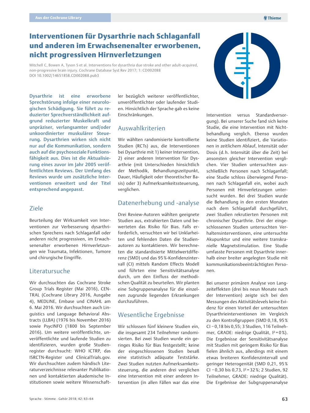 Vorschauseite 1: Interventionen für Dysarthrie nach Schlaganfall und anderen im Erwachsenenalter erworbenen, nicht progressiven Hirnverletzungen