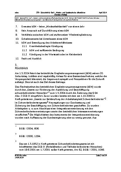 Vorschauseite 2: 20 Jahre Betriebliches Eingliederungsmanagement – eine Bestandsaufnahme gelöster und ungelöster Probleme