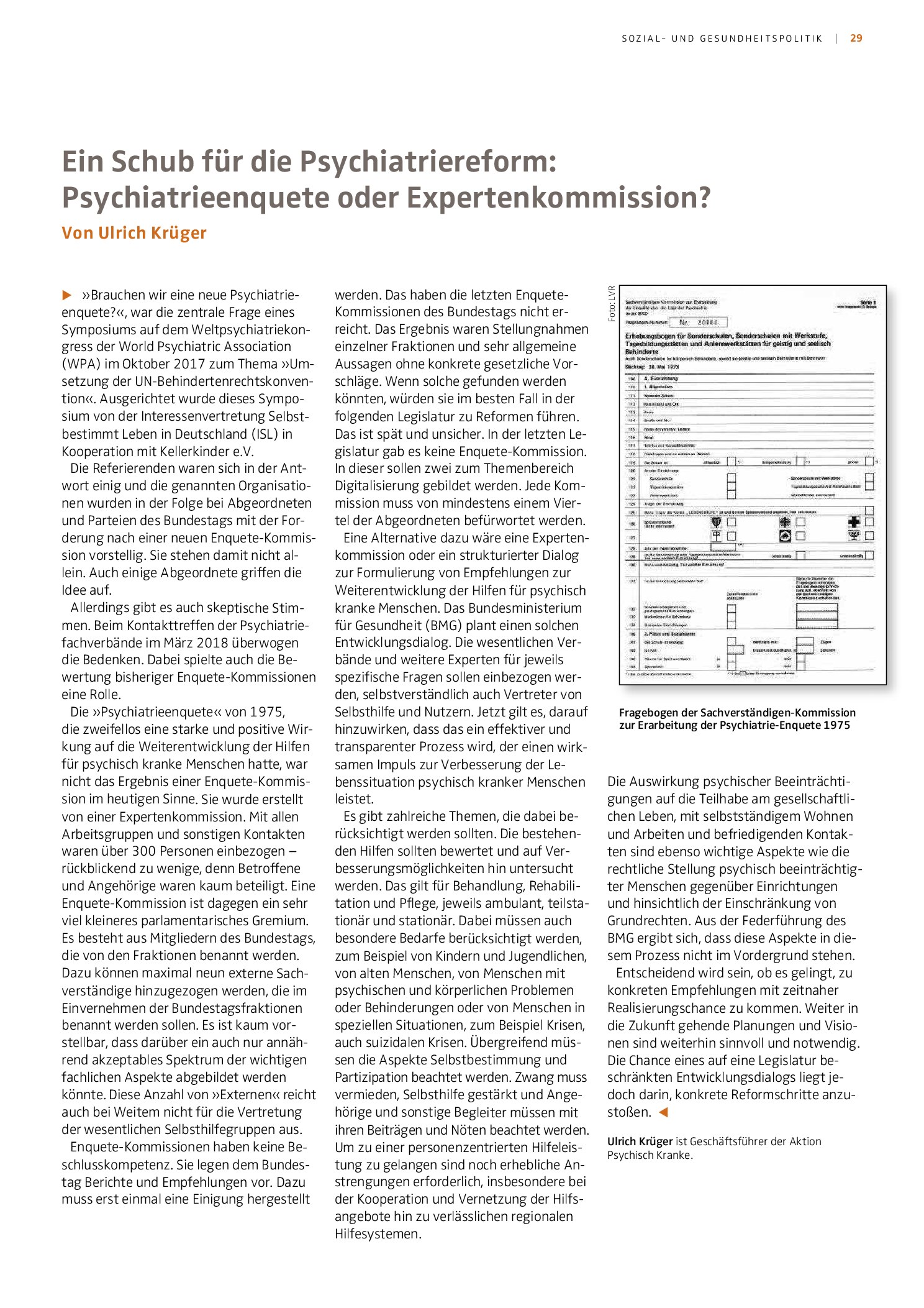 Vorschauseite 1: Ein Schub für die Psychiatriereform: Psychiatrieenquete oder Expertenkommission?