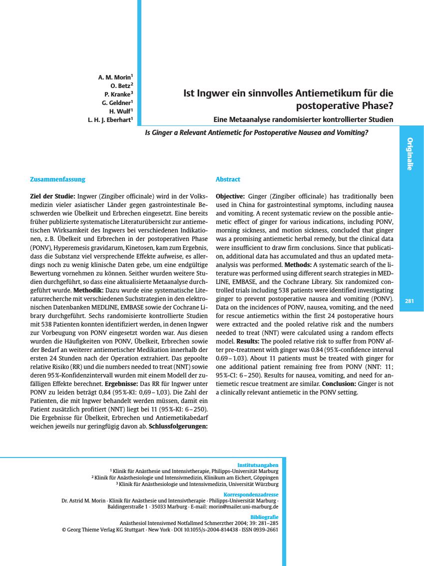 Vorschauseite 1: Ist Ingwer ein sinnvolles Antiemetikum für die postoperative Phase?