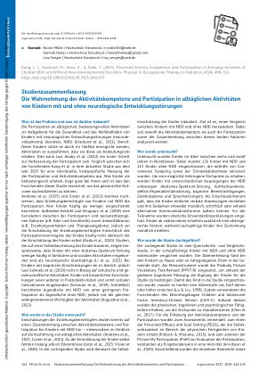 Vorschauseite 1: Studienzusammenfassung Die Wahrnehmung der Aktivitätskompetenz und Partizipation in alltäglichen Aktivitäten von Kindern mit und ohne neurologische Entwicklungsstörungen