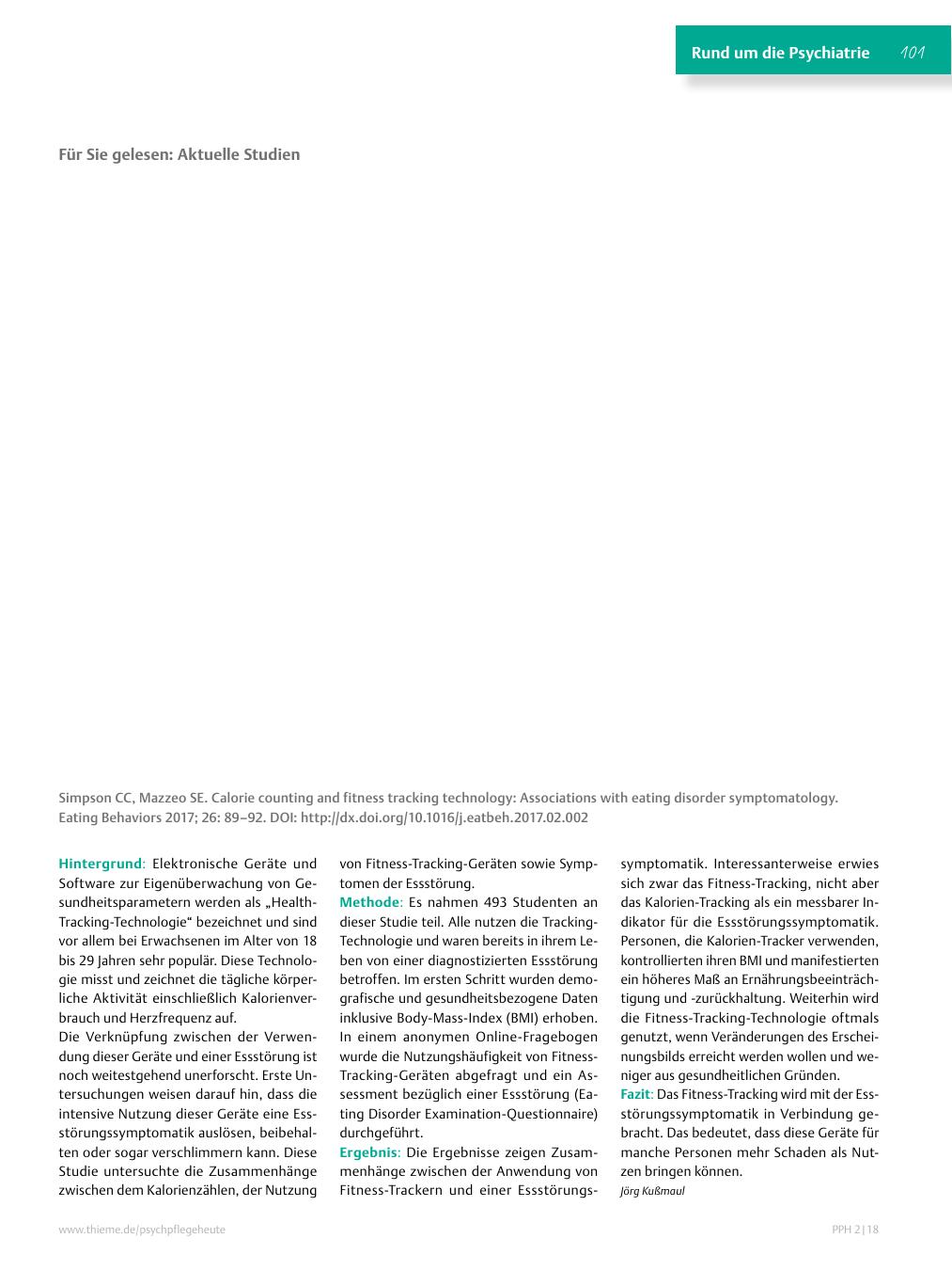 Vorschauseite 1: Für Sie gelesen: Simpson CC, Mazzeo SE. Calorie counting and fitness tracking technology: Associations with eating disorder symptomatology. Eating Behaviors 2017; 26: 89?92. DOI:…