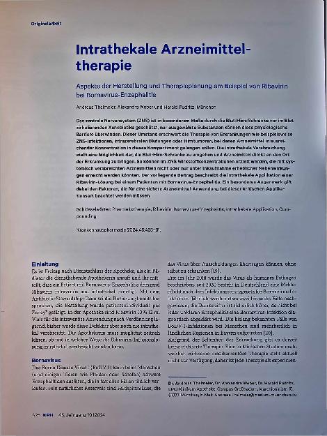 Vorschauseite 1: Intrathekale Arzneimitteltherapie: Aspekte der Herstellung und Therapieplanung am Beispiel von Ribavirin bei Bornavirus-Enzephalitis