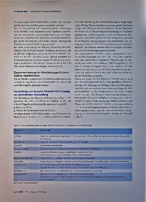 Vorschauseite 5: Intrathekale Arzneimitteltherapie: Aspekte der Herstellung und Therapieplanung am Beispiel von Ribavirin bei Bornavirus-Enzephalitis