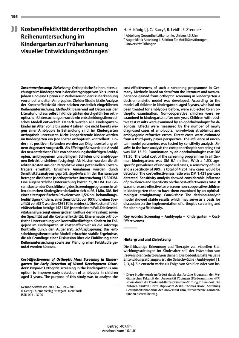 Vorschauseite 1: Kosteneffektivität der orthoptischen Reihenuntersuchung im Kindergarten zur Früherkennung visueller Entwicklungsstörungen1