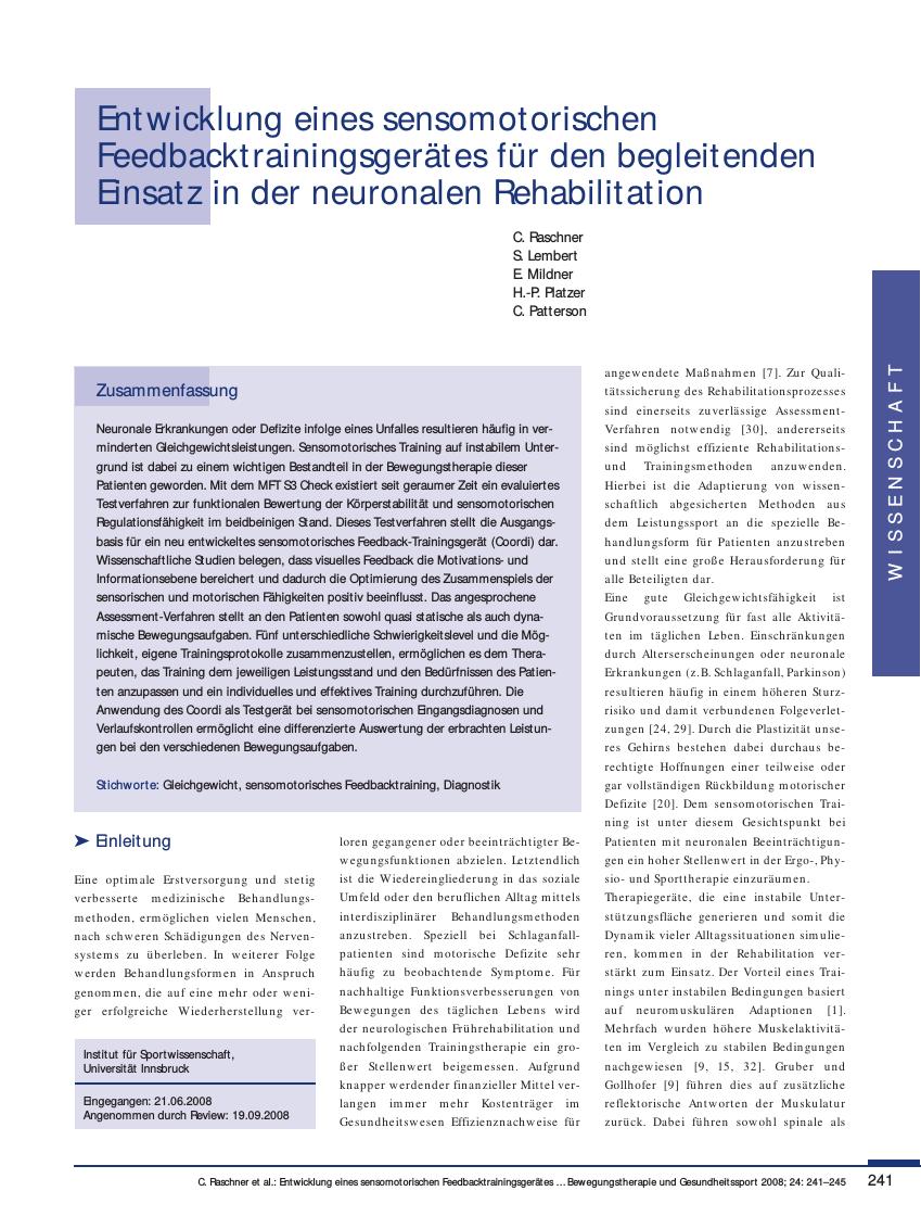 Vorschauseite 1: Entwicklung eines sensomotorischen Feedbacktrainingsgerätes für den begleitenden Einsatz in der neuronalen Rehabilitation