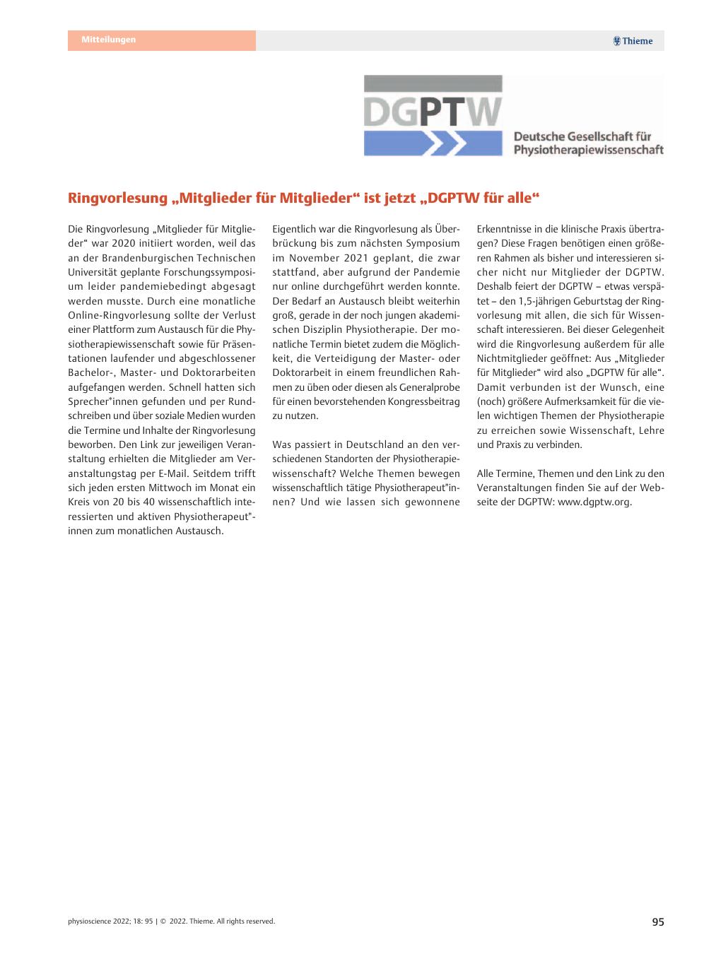 Vorschauseite 1: Ringvorlesung „Mitglieder für Mitglieder“ ist jetzt „DGPTW für alle“