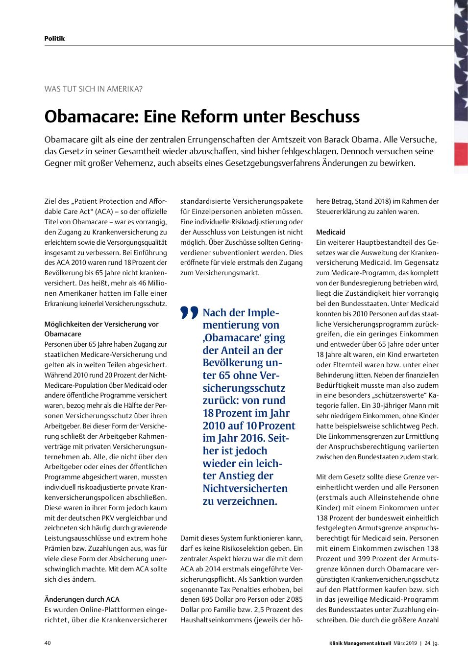 Vorschauseite 1: Was Tut sich in Amerika? Obamacare: Eine Reform unter Beschuss
