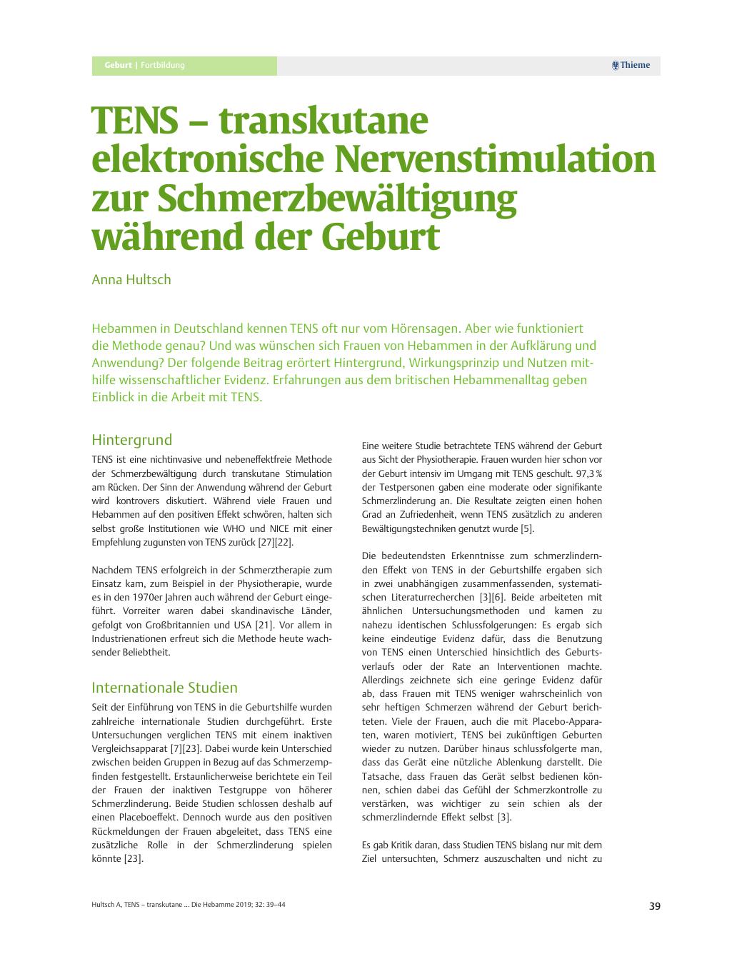 Vorschauseite 1: TENS – transkutane elektronische Nervenstimulation zur Schmerzbewältigung während der Geburt