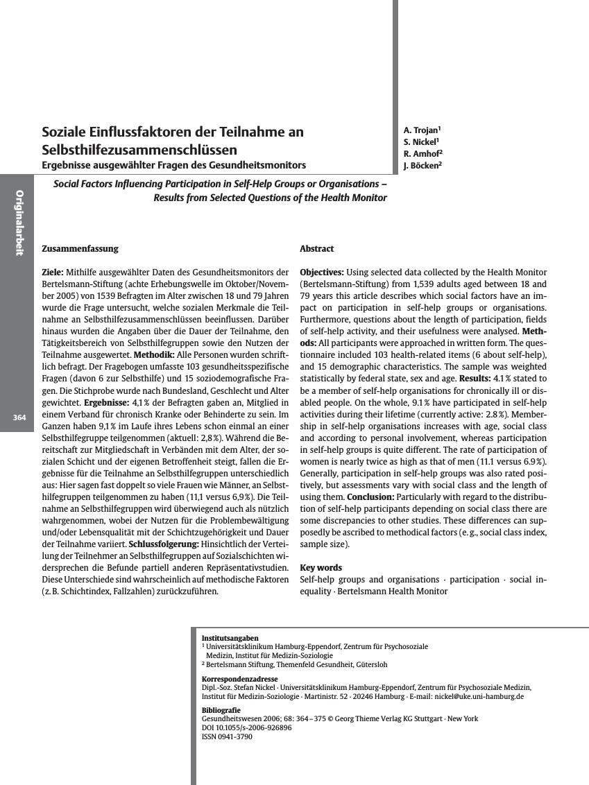 Vorschauseite 1: Soziale Einflussfaktoren der Teilnahme an Selbsthilfezusammenschlüssen