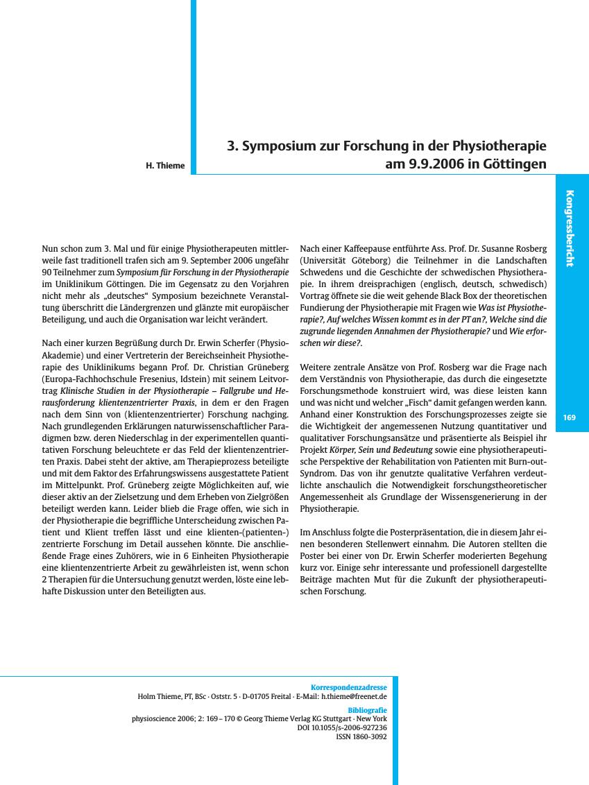 Vorschauseite 1: 3. Symposium zur Forschung in der Physiotherapie am 9.9.2006 in Göttingen