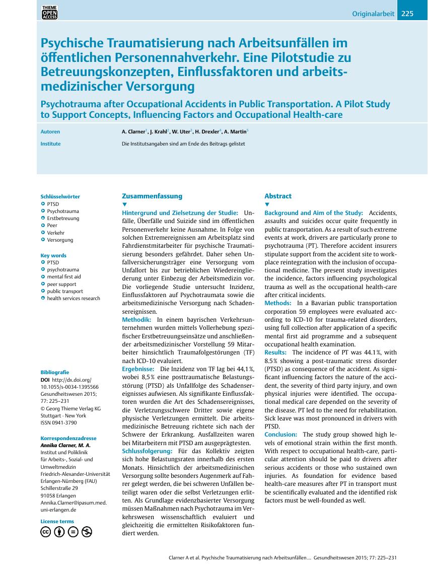 Vorschauseite 1: Psychische Traumatisierung nach Arbeitsunfällen im öffentlichen Personennahverkehr. Eine Pilotstudie zu Betreuungskonzepten, Einflussfaktoren und arbeitsmedizinischer Versorgung