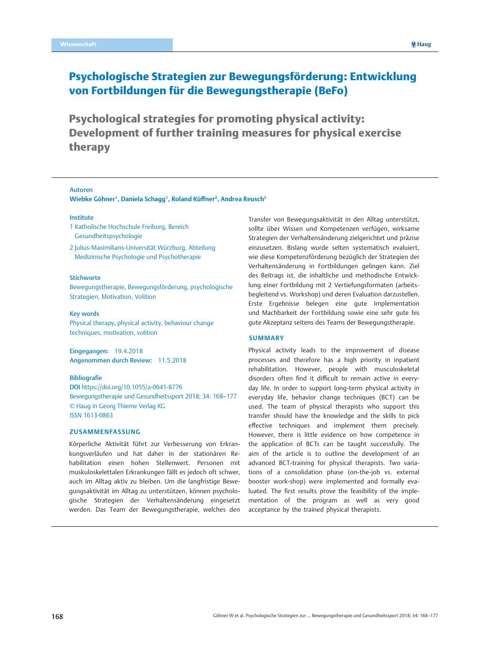 Vorschauseite 1: Psychologische Strategien zur Bewegungsförderung: Entwicklung von Fortbildungen für die Bewegungstherapie (BeFo)